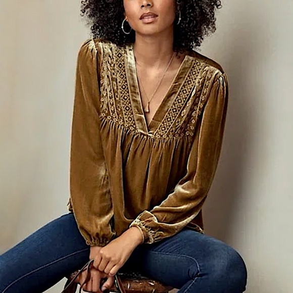GARNET HILL Silk Blend Embroidered Velvet Bohemian Top - Picture 1 of 8